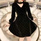 Dot Velvet V-neck Long-sleeve Slim-fit Dress Black - One Size