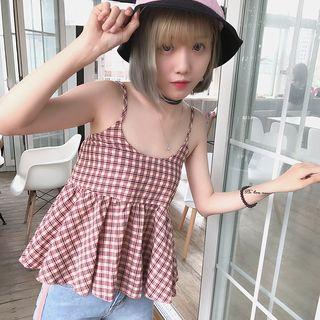 Plaid Frilled Spaghetti Strap Top