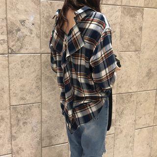 Ruffle-back Plaid Shirt Navy Blue - One Size