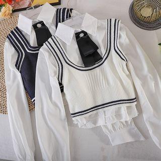 Set: Plain Shirt + Contrast Trim Sweater Vest