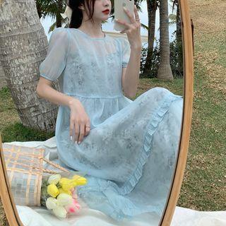 Set: Puff-sleeve Ruffled Midi A-line Dress + Slipdress
