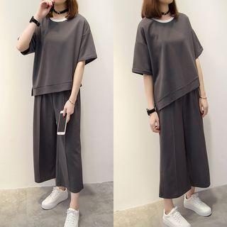 Set: Elbow-sleeve Asymmetrical T-shirt + Cropped Wide Leg Pants