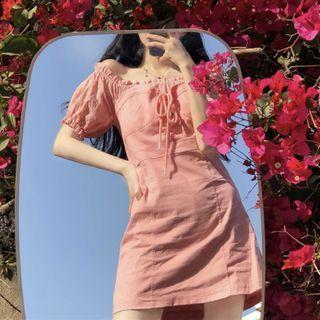 Short-sleeve Off-shoulder Drawstring Frill Trim Dress