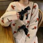 Floral Printed Knit Cardigan / Long-sleeve Plain Tie-waist Midi Dress