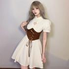 Puff-sleeve Heart Cutout Lace-up A-line Dress