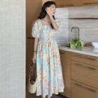 Puff-sleeve Floral Midi A-line Dress Light Blue - One Size