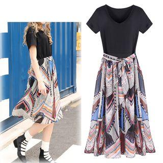 Printed Panel Midi Short Sleeve Dress