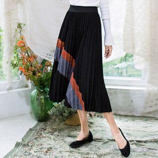 Pleated Color Block Midi Skirt