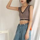 Check Sleeveless V-neck Knitted Crop Top As Shown In Figure - One Size