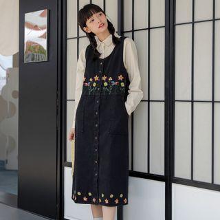 Floral Embroidered Denim Midi A-line Overall Dress