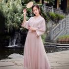 Traditional Chinese Long-sleeve Embroidered Mesh A-line Maxi Dress