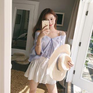 Set: Off-shoulder 3/4-sleeve Top + Drawstring Shorts