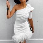 Short-sleeve One-shoulder Fringed Mini Sheath Dress