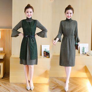 Set : Print Bell-sleeve Dress + Long Vest
