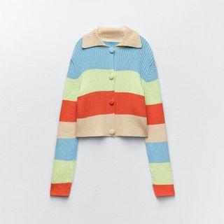 Collared Color Block Button-up Knit Top