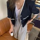 Short-sleeve Contrast Trim Button-up Jacket Navy Blue - One Size