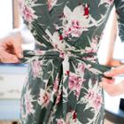 Elbow-sleeve Floral Print Warp Maxi Dress