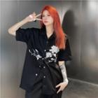 Elbow-sleeve Rose Embroidery Shirt