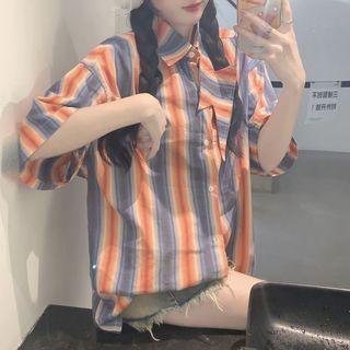 Short-sleeve Striped Shirt Blue & Orange - One Size