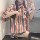Short-sleeve Striped Shirt Blue & Orange - One Size