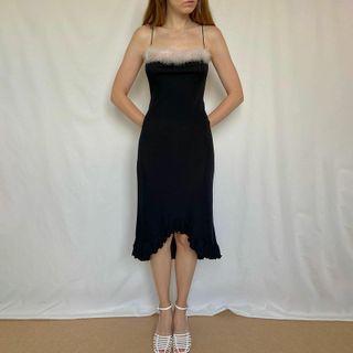 Spaghetti Strap Furry-trim Ruffled Midi Dress