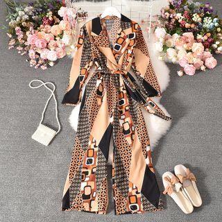 Long-sleeve Print Wide-leg Jumpsuit