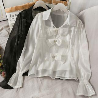 Ribbon-accent Loose Mesh Shirt With Camisole