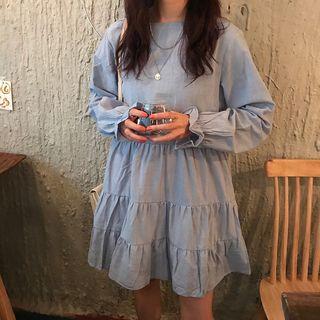 Long-sleeve Ruffled Layered Pleated Dress Blue - One Size