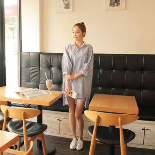 Balloon-sleeve Dip-back Stripe Shirt Dress
