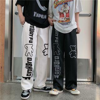 Lettering Bear Print Wide-leg Pants