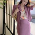 Short-sleeve Ruched Blazer / Sleeveless Floral Top / Side-slit Skirt