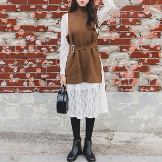Set: Sleeveless Dip-back Knit Top With Belt + Laced A-line Dress