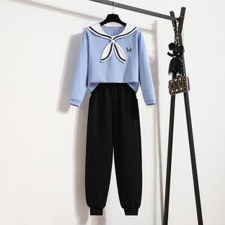 Set: Contrast Collar Sweatshirt + Plain Sweatpants