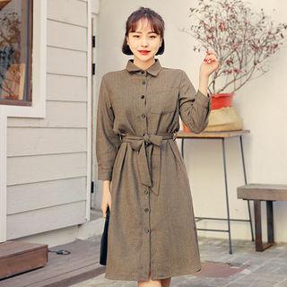 3/4-sleeve Pattern Midi Shirtdress With Sash