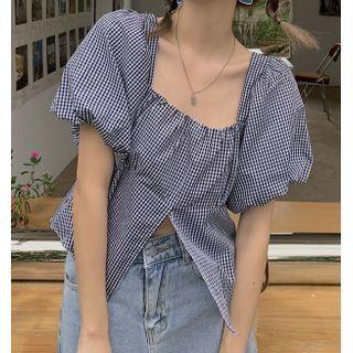 Puff-sleeve Square-neck Plaid Slit Top Plaid - One Size
