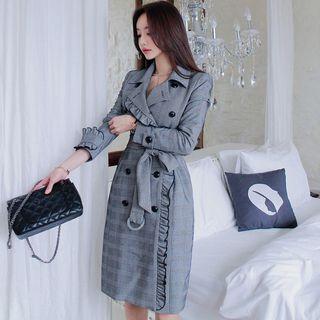 Plaid Frill Trim Double-breasted Coat