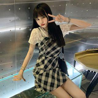 Short-sleeve Lace Top / Plaid Mini A-line Pinafore Dress