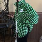 Checkerboard Fluffy Zip-up Jacket Checkerboard - Green - One Size