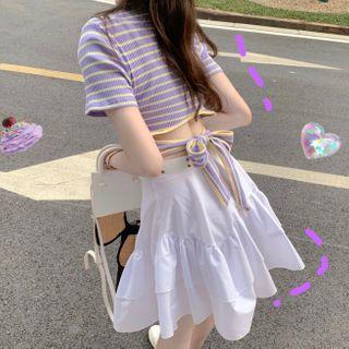 Striped Short-sleeve Slim-fit Top / Plain A-line Skirt