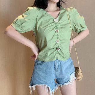 Buttoned V-neck Puff-sleeve Blouse