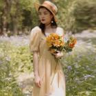 Lace Trim Puff-sleeve Bow Midi A-line Dress