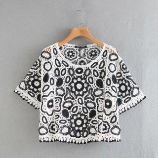 Elbow-sleeve Crochet Knit Top As Shown In Figure - One Size