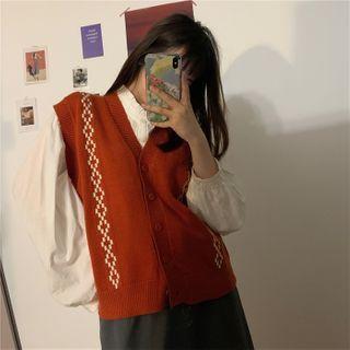 V-neck Patterned Knitted Vest Red - One Size