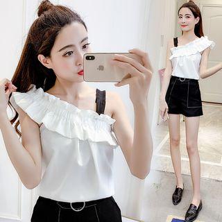 Single Shoulder Ruffle Trim Top