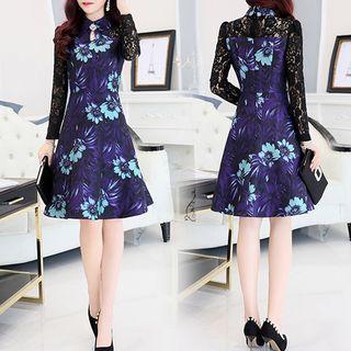 Long-sleeve Floral-pattern A-line Dress