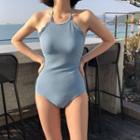 Scalloped Trim Halter One-piece Swimsuit