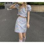 Puff-sleeve Leaf Print Cropped Blouse / Mini Pencil Skirt