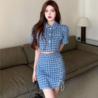 Short-sleeve Houndstooth Cropped Top / Houndstooth Slim-fit Skort