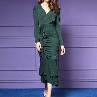 V-neck Long-sleeve Ruffle Hem Dress