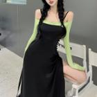 Spaghetti Strap Slit Midi A-line Dress / Long-sleeve Plain T-shirt